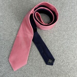 Roundtree & Yorke Slim Necktie Pink Navy Blue Colorblock Preppy Silk Mens Tie